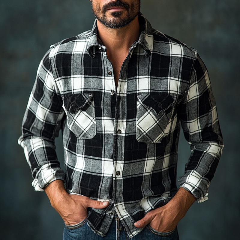 Men's Flannel Plaid Lapel Button-down Long-sleeved Shirt MTA2953J0X