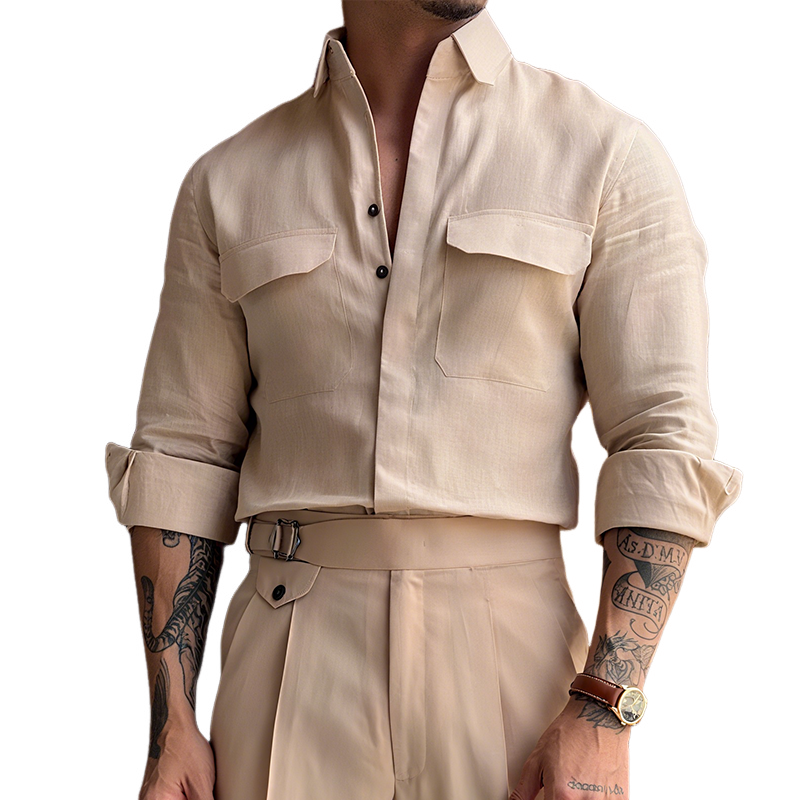 Men's Retro Casual Linen Solid Color Lapel Long Sleeve Shirt MTA2413G8TO