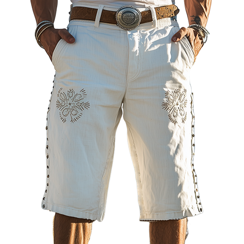 Men's Spring And Summer Casual Western Cowboy Style Cotton And Linen Embroidery Side Decorative Rivets Loose Length To Knee Shorts MTA1620E5K