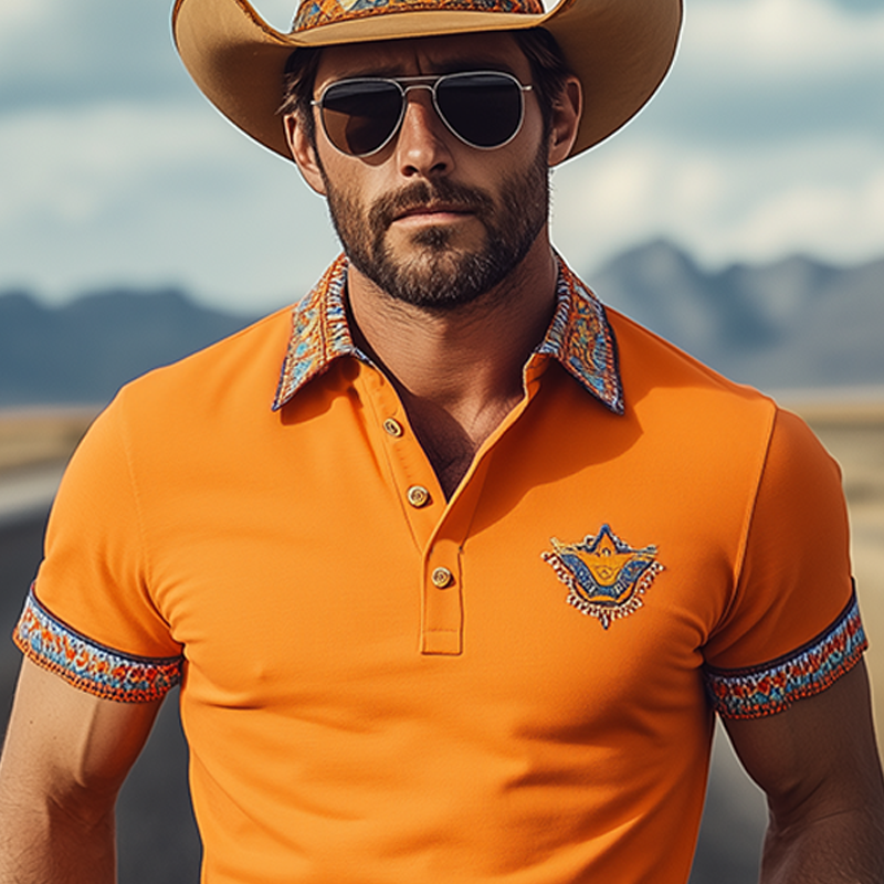 Men's Classic Casual Retro Western Cowboy Style Cotton Blend Embroidered Slim Fit Short Sleeve Polo Shirt MTA1215E1K