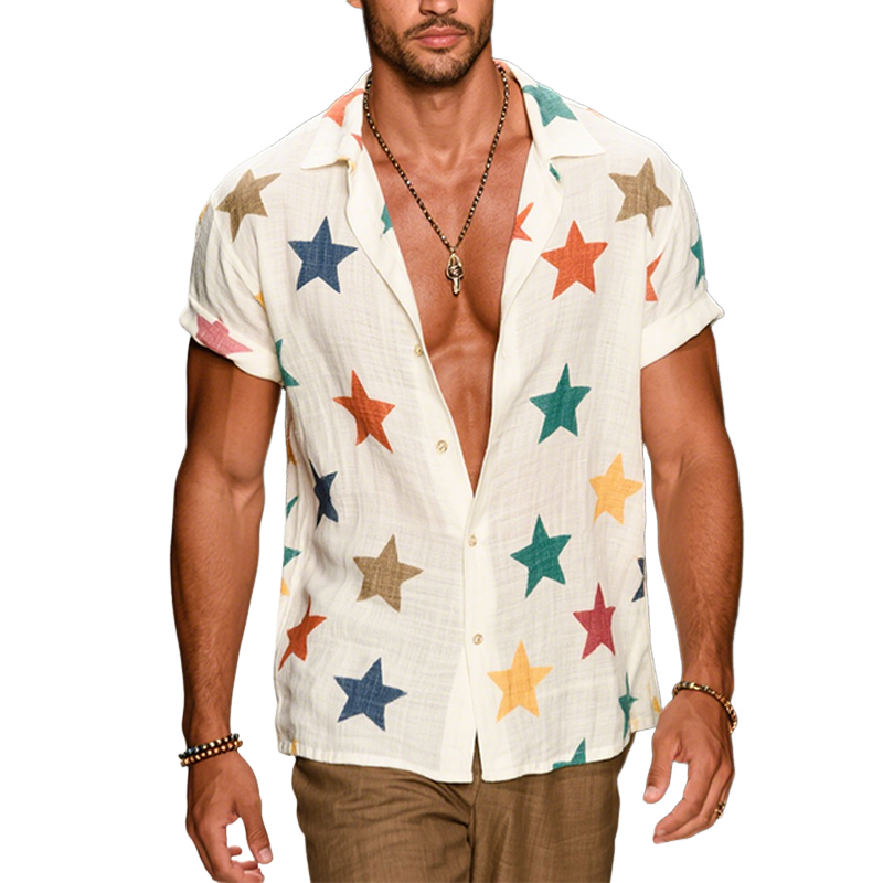 Men's Retro Casual Color Star Era Linen Lapel Short Sleeve Shirt MTA2499F1TO