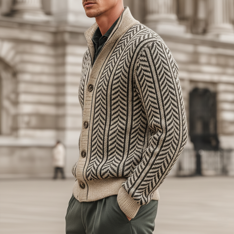 Men's Vintage Herringbone Jacquard Stand Collar Button Knit Cardigan MTA2194J0U