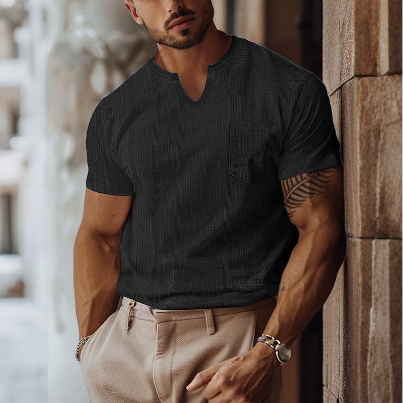 Men's Retro Casual Solid Color Pocket Small V-Neck Short Sleeve T-Shirt MTA0268G5TO