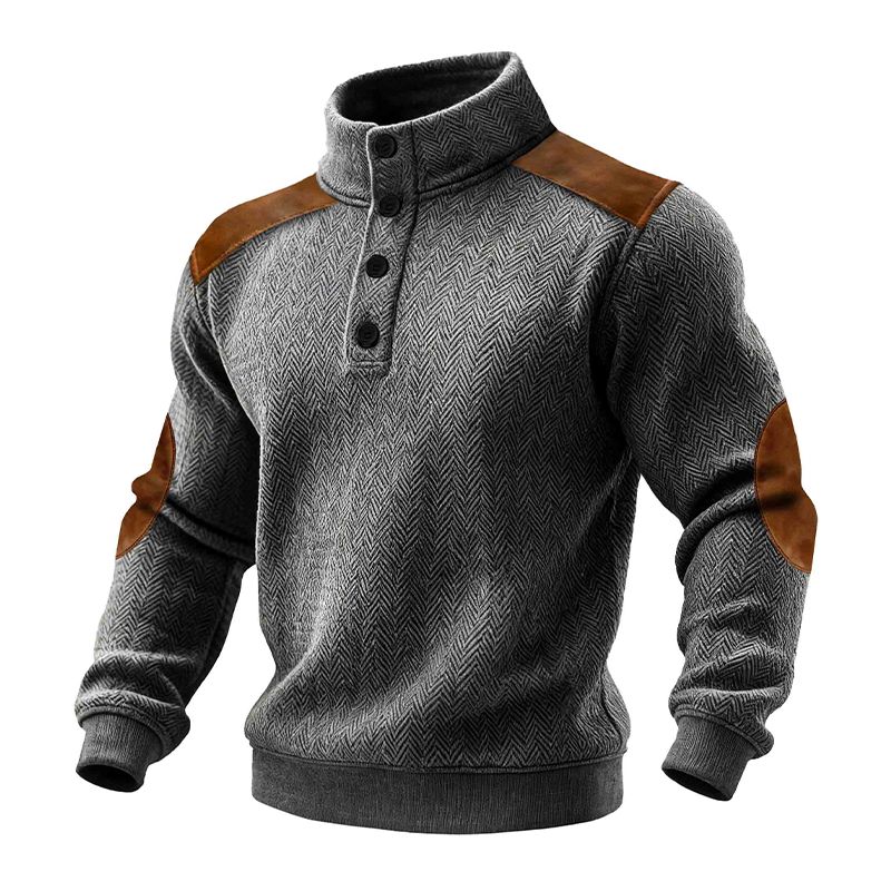 Men's Vintage Herringbone Paneled Faux Suede Stand Collar Pullover Sweatshirt MTA0996J1X