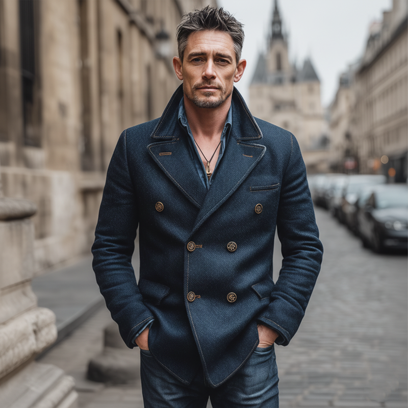 Men's Classic Navy Blue Double-breasted Faux Wool Blazer MTA2041J0U