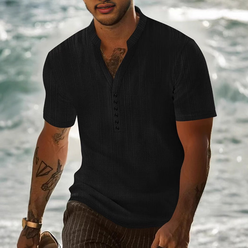 Men's solid color casual pullover button short-sleeved T-shirt MTA0625E4X
