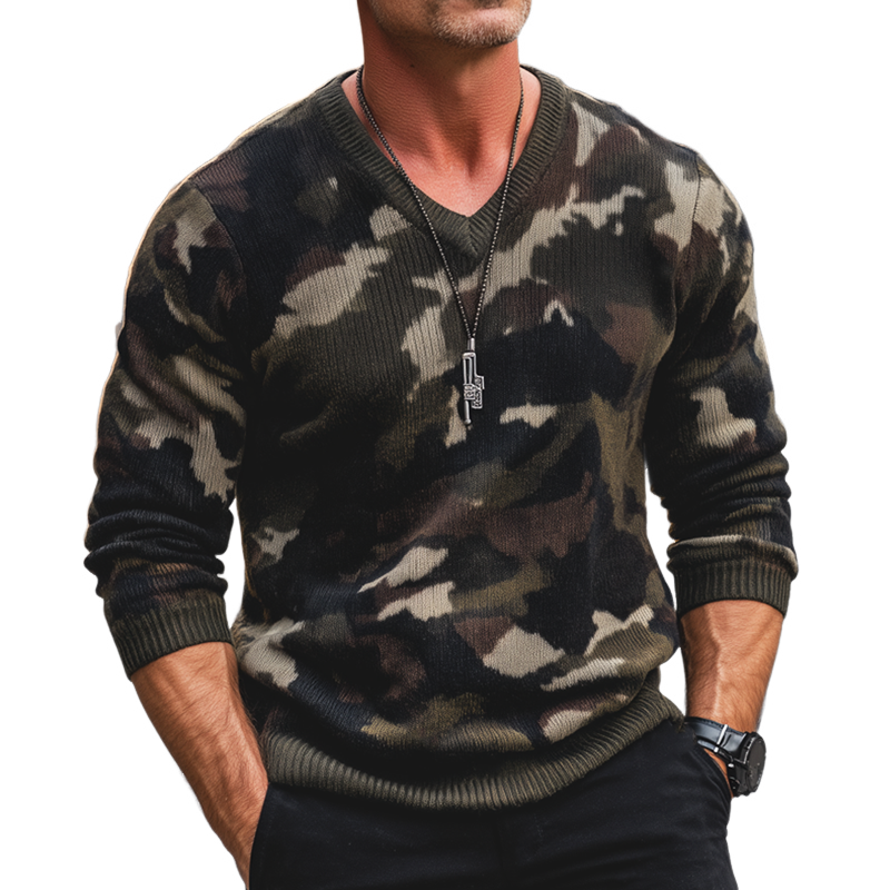 Men's Vintage V-Neck Camouflage Knit Sweater MTA2981H6U