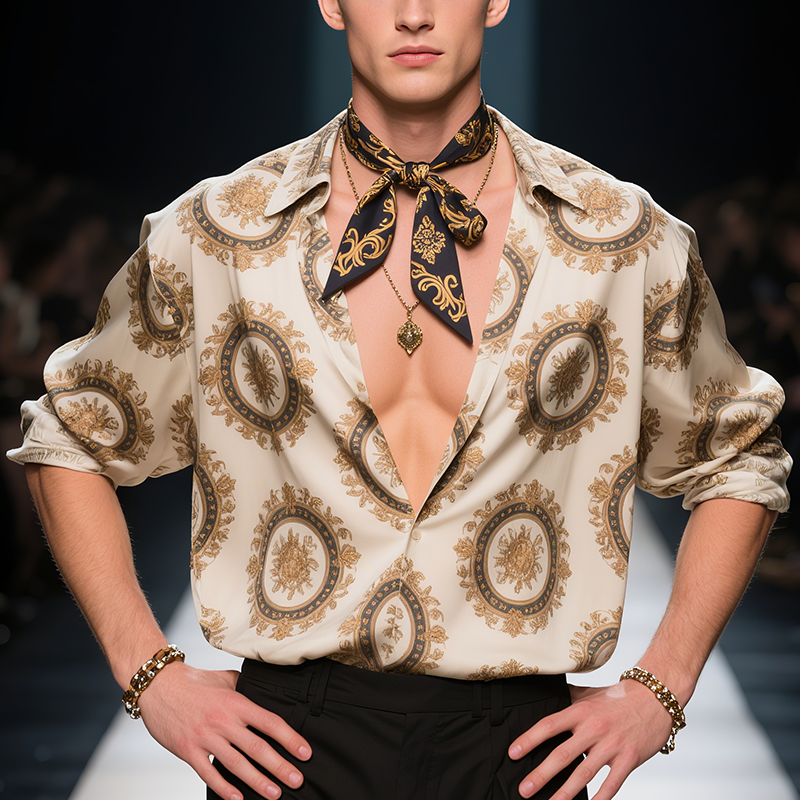 Men's Classic Retro Style Baroque Print Lapel Long Sleeve Shirt MTA2544F8TO