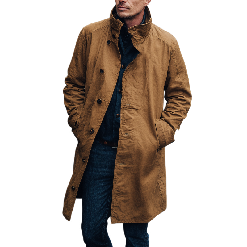Men's Cotton Vintage Solid Color Loose Lapel Trench Coat MTA1378H8X