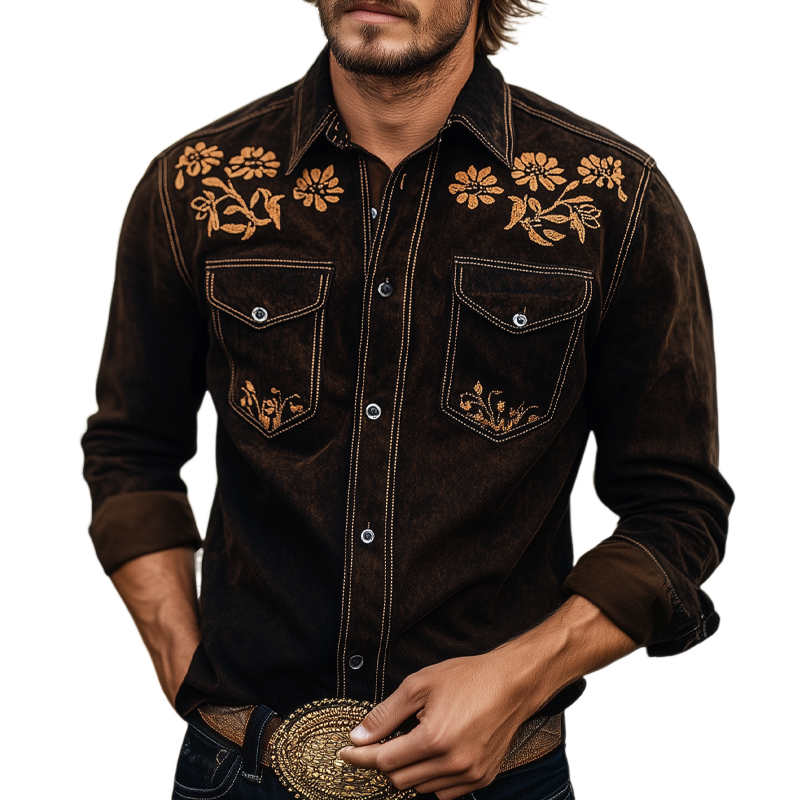 Men's Vintage Western Cowboy Suede Embroidered Long Sleeve Shirt MTA2075H1X