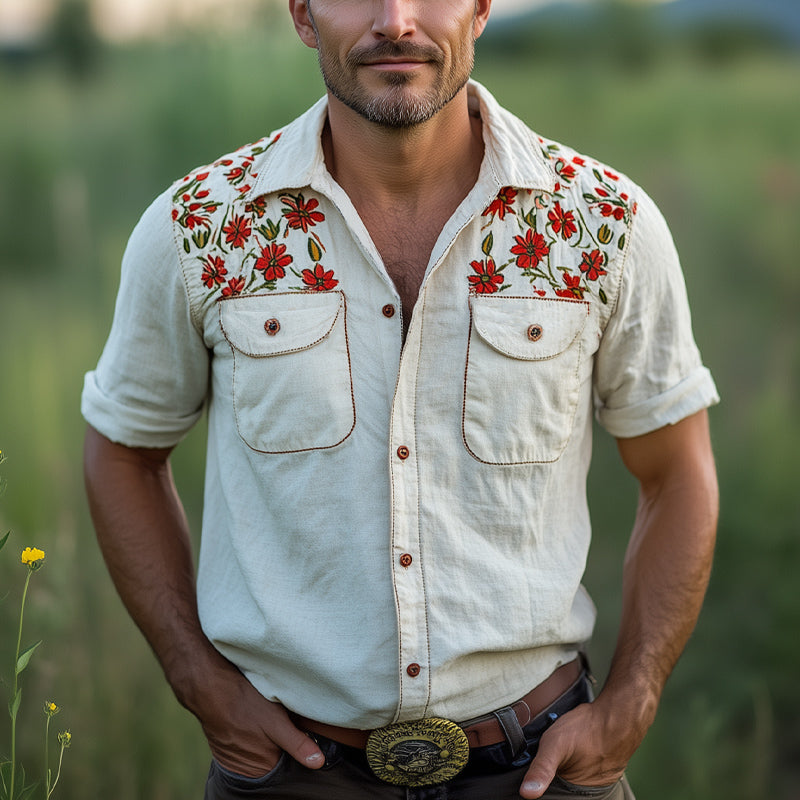 Men's Summer Cotton Floral Embroidery Short Sleeve Shirt MTA2810D5U