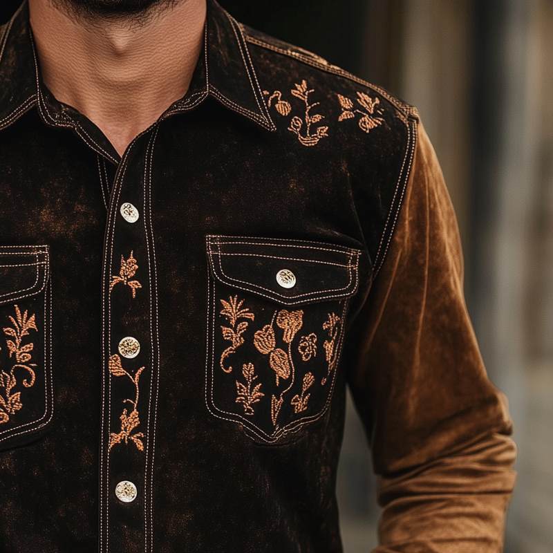 Men's Retro Contrast Color Western Cowboy Floral Embroidered Lapel Shirt MTA2053H7X