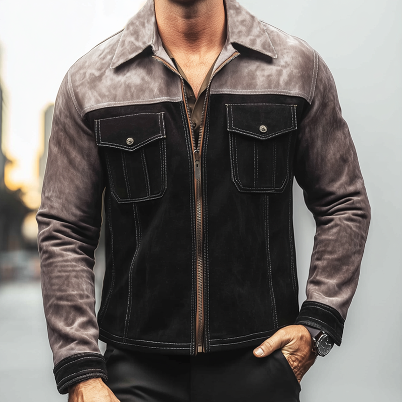 Men's Vintage Colorblock Suede Zip-Up Jacket MTA2827H4U