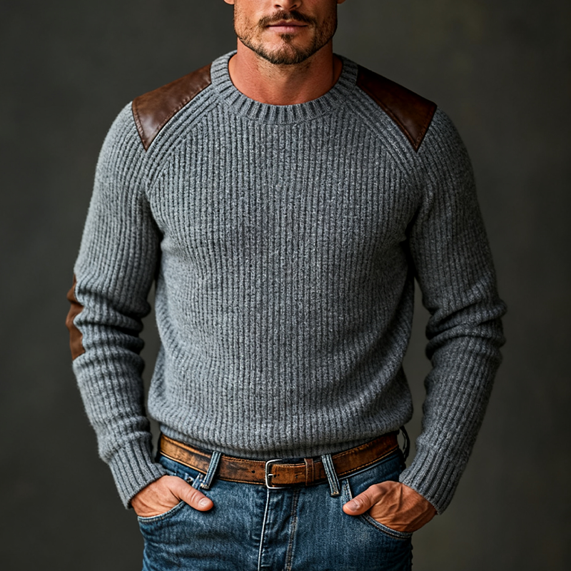 Men's Retro Knitted Crew Neck PU Pullover Sweater MTA2289J4X