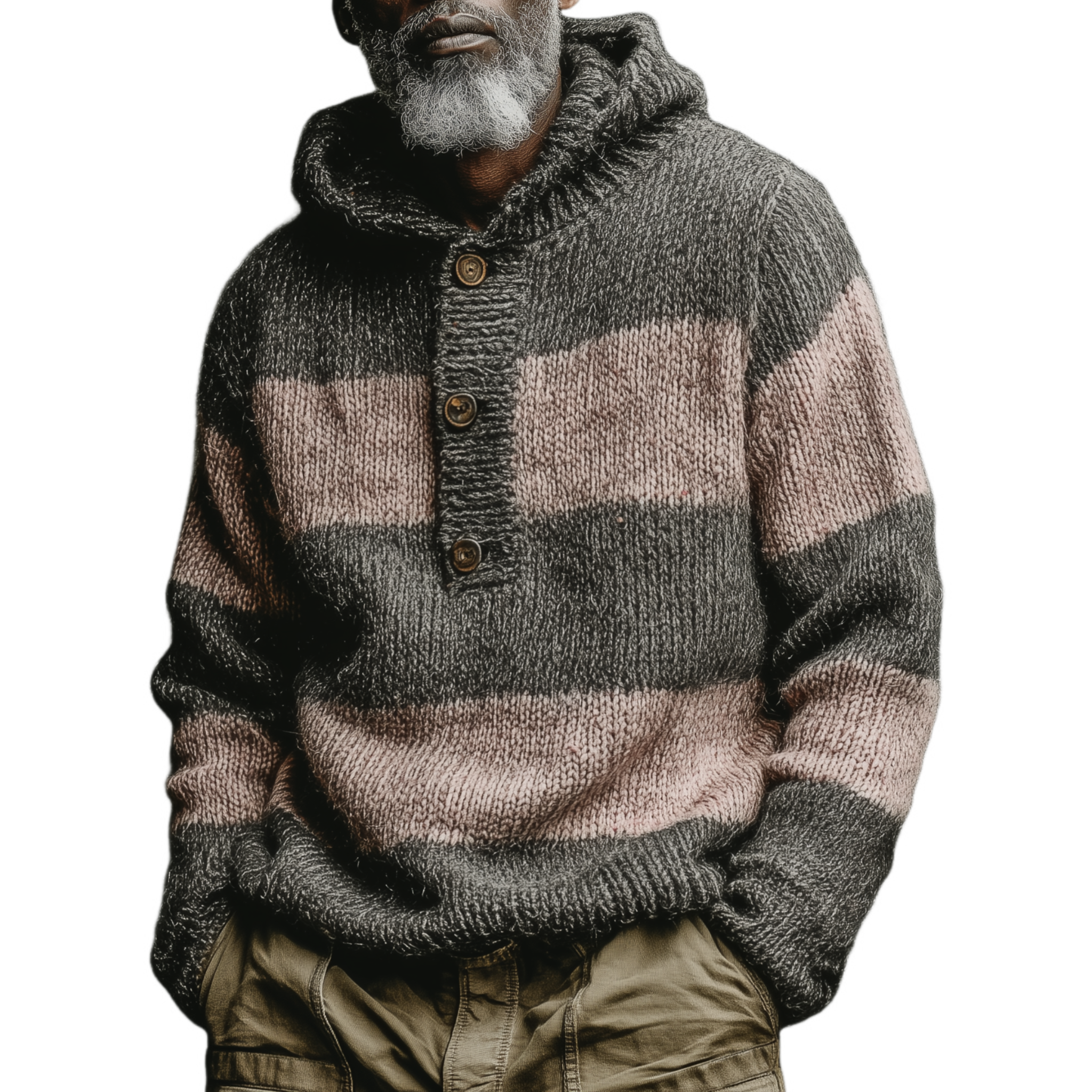 Men's Classic Casual Pink And Grey Horizontal Striped Hooded Loose-Fit Sweater MTA2800I9K