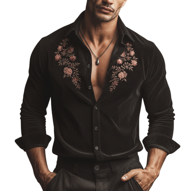 Men's Elegant Black Faux Suede Floral Embroidery Long-sleeved Shirt MTZ2259A1U
