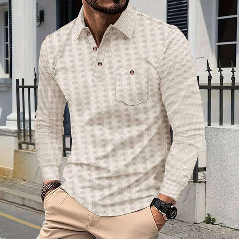 Men's Solid Color Waffle Long Sleeve Polo Shirt MTA2464G1X