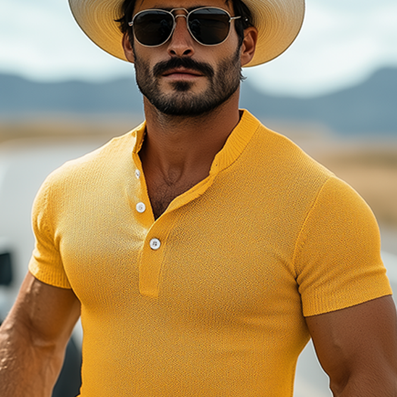 Men's Spring And Summer Fashion Casual Western Style Henley Collar Slim Fit Knit Short Sleeve T-Shirt MTA1436E0K