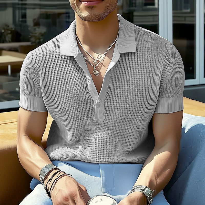 Men's Casual Solid Color Breathable Lapel Loose Knitted Short-sleeved Polo Shirt MTA2125G6M
