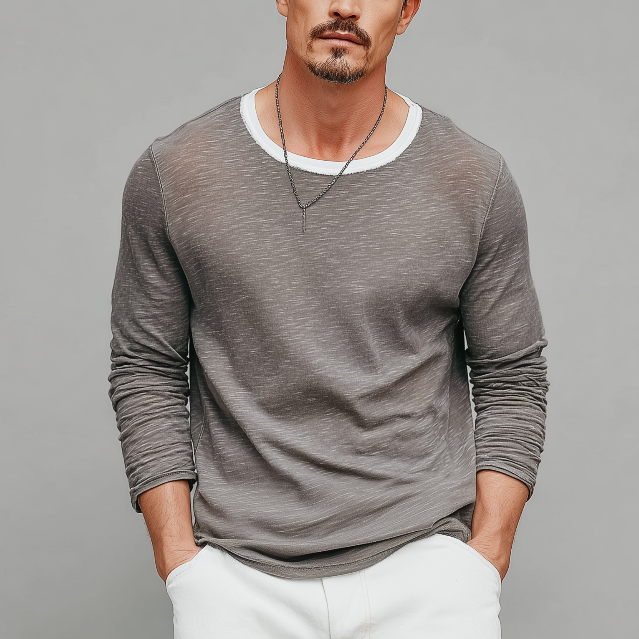 Men's Classic Casual Slub Cotton Blend Crew Neck Long Sleeve T-Shirt MTA2497G2K
