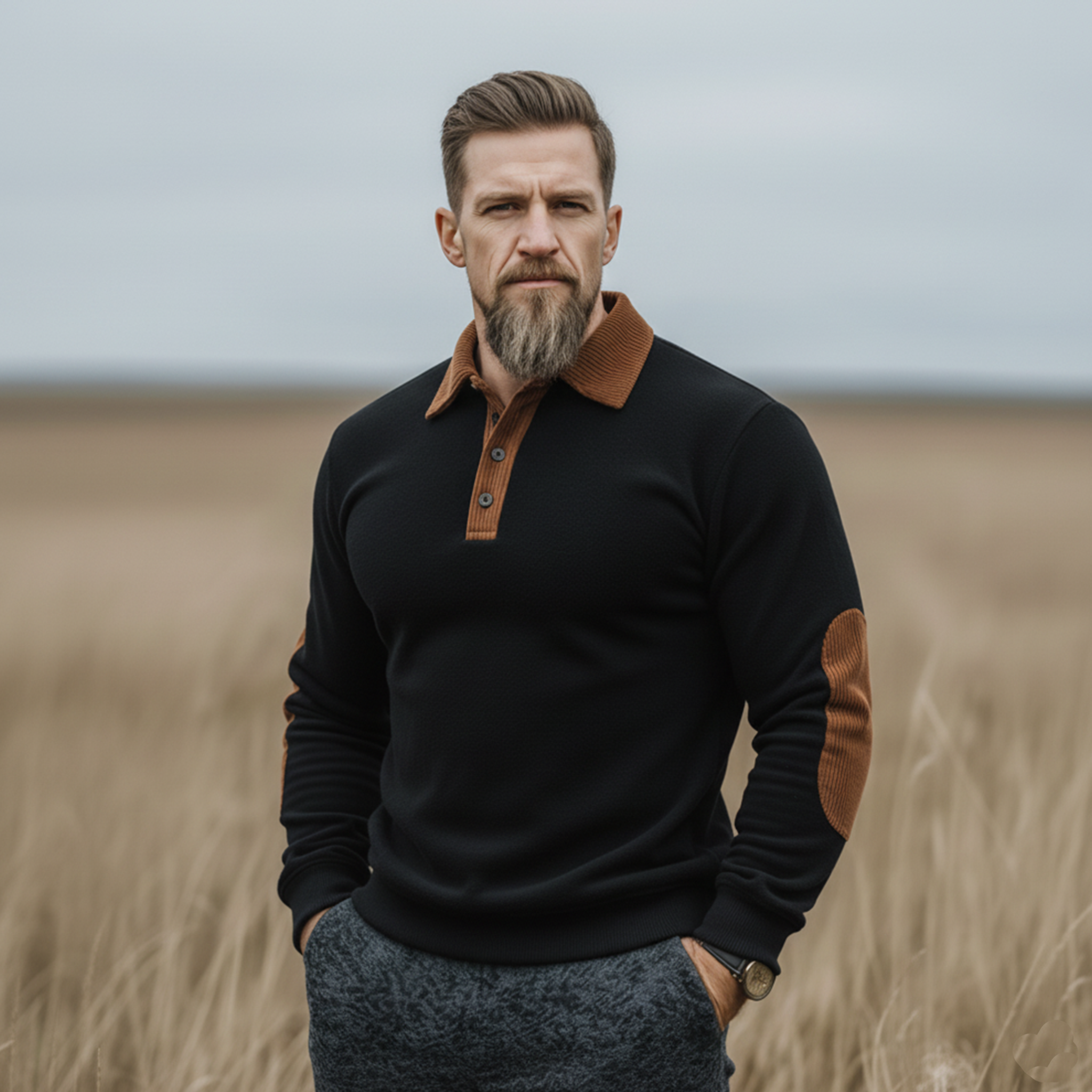 Men's Classic Western Tough Guy Style Dralon Fabric Warm Skin-friendly Slim Long-sleeved Polo Shirt MTA2221J5K