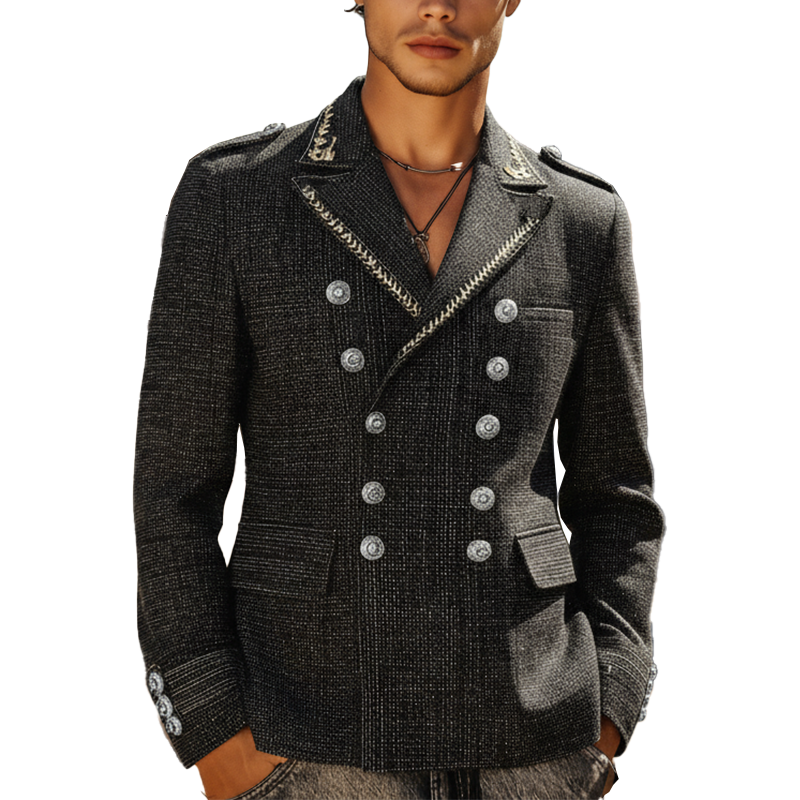 Men's Winter Fashion Simple Embroidered Tweed Double Breasted Military Jacket MTA2842I2P