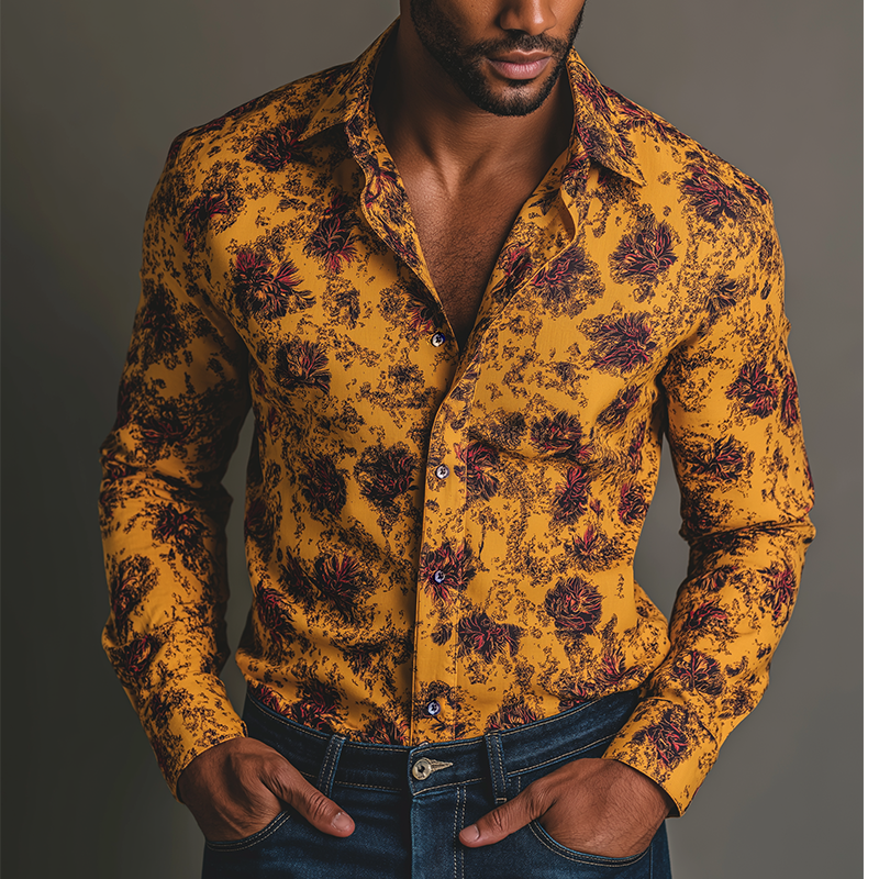 Men's Retro Casual Floral Print Lapel Long Sleeve Shirt MTA1340H1TO