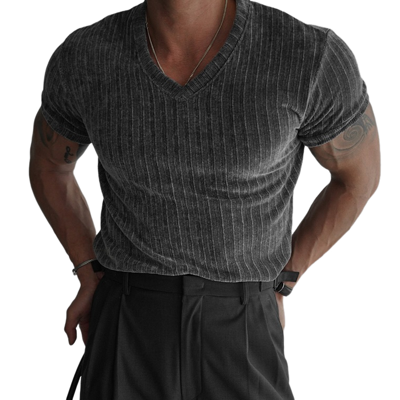 Men's Fashion Slightly Stretch V Neck Short Sleeve T-shirt MTA0681E0Z