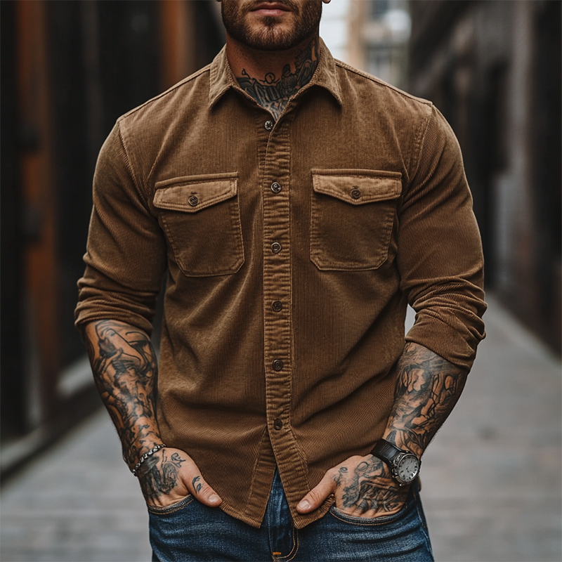 Men's Corduroy Retro Solid Color Long-Sleeve Shirt MTA3046J4X