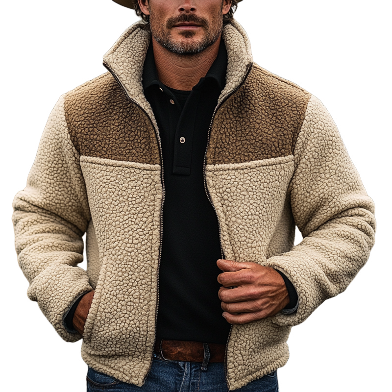 Men's Contrast Color Vintage Polar Fleece Lapel Zip-Up Jacket MTA1156J9X