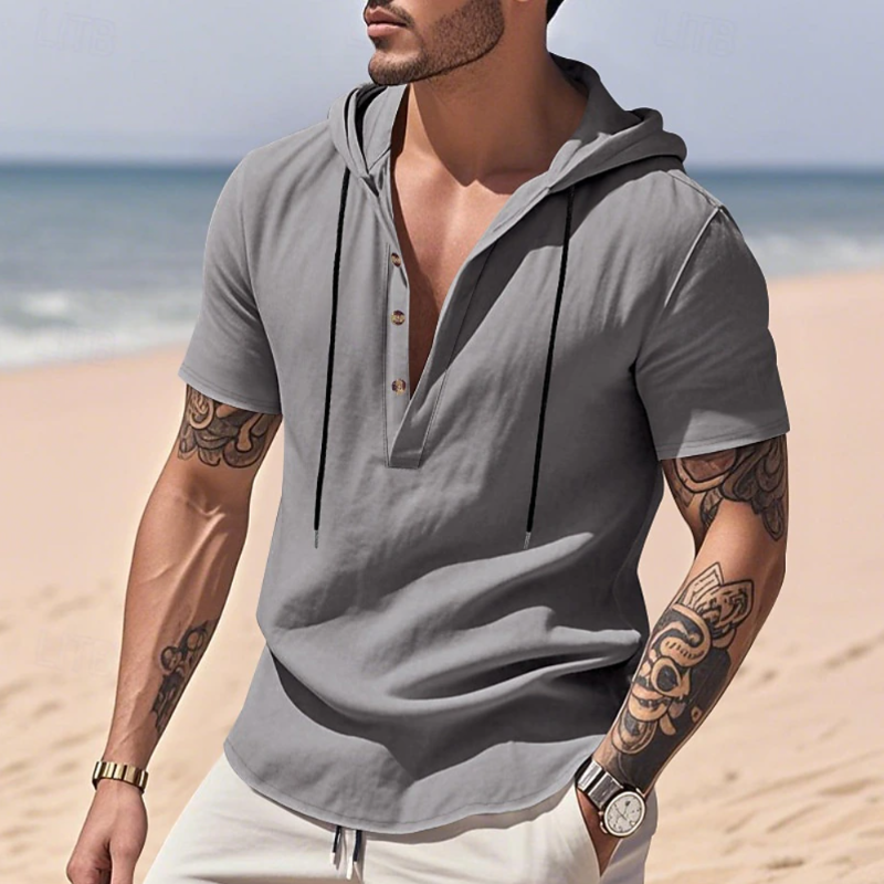 Men's Casual Solid Color Breathable Cotton Henley Collar Hooded Slim Fit Short Sleeve T-Shirt MTA0630E7M