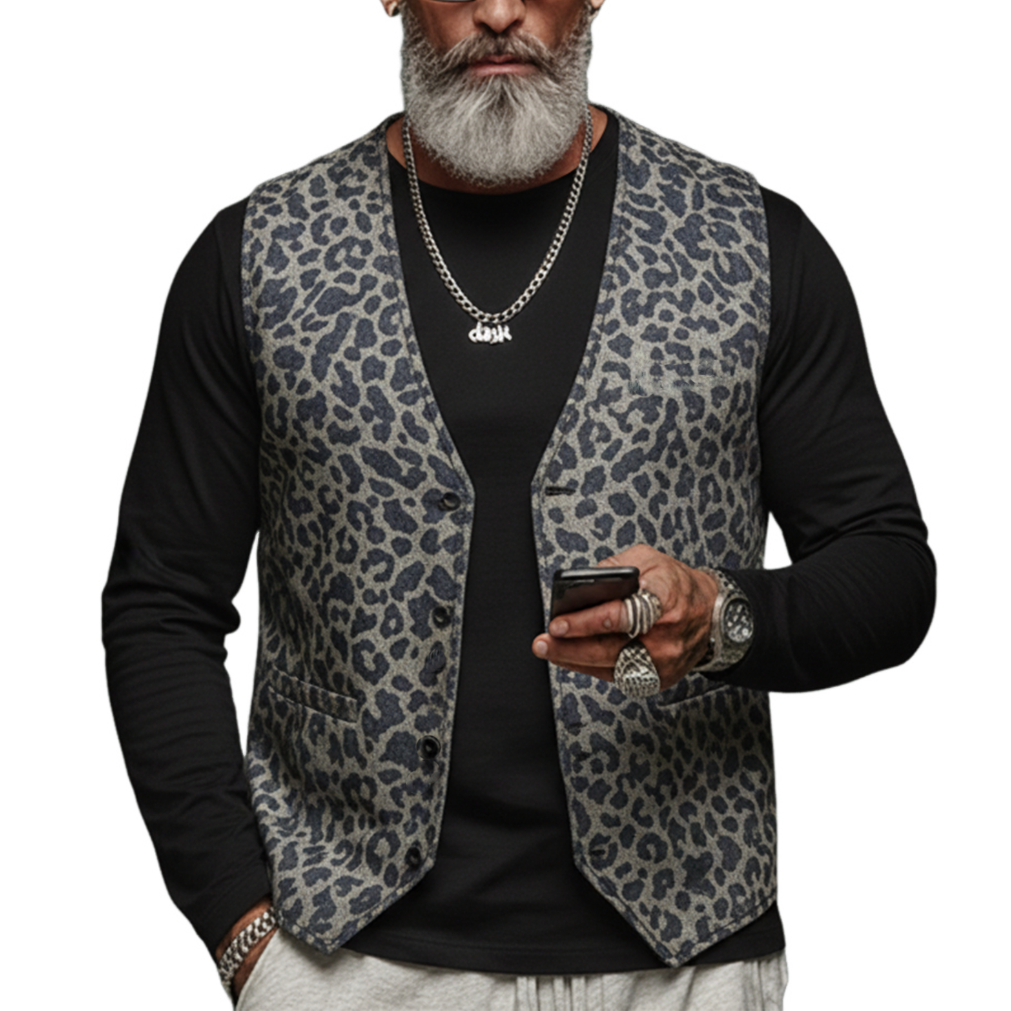 Men's Classic Casual Denim Jacquard Leopard Print Vest MTA1210L5K