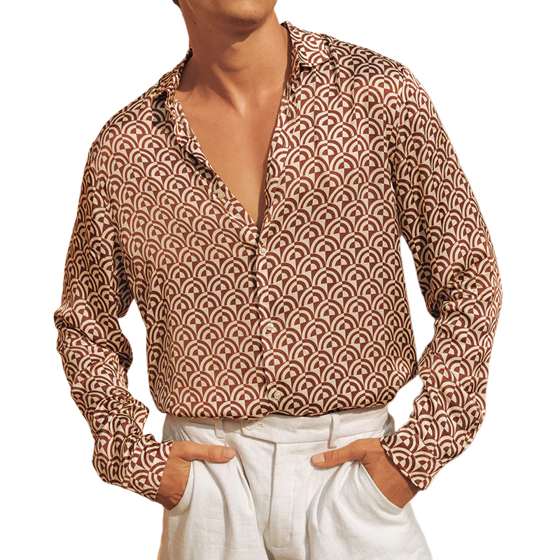 Men's Classic Retro Satin Geometric Print Long Sleeve Shirt MTA1410G9K