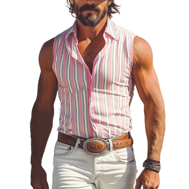 Men's Spring And Summer Fashion Casual Retro Western Cowboy Style Cotton Blend Vertical Striped Slim Sleeveless Shirt MTA1037E6K