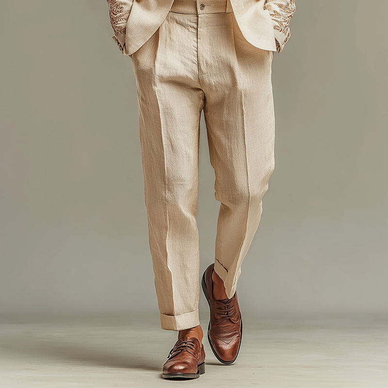 Men's Retro Casual Cotton Linen Embroidered Blazer Two-Piece Set MTZ0475B8TO