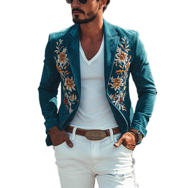 Men's Classic Retro Casual Slim Fit Western Style Embroidered Suede Blazer 67207851K