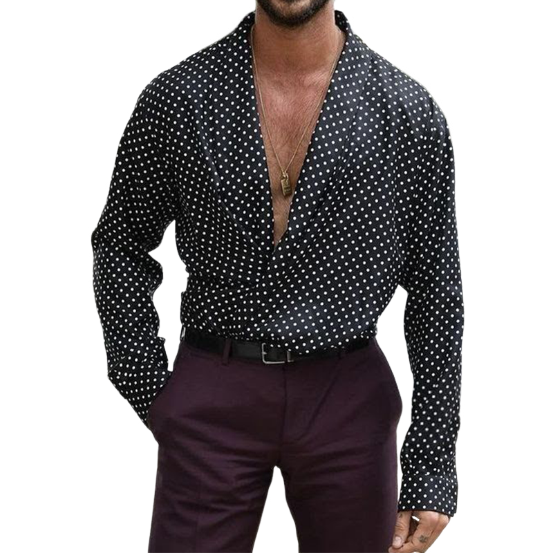 Men's Stylish Casual Polka Dot Satin Shawl Collar Belt Long Sleeve Shirt 88734181K