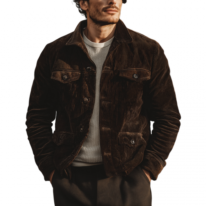 Men's Vintage Solid Color Corduroy Lapel Single-breasted Multi-pocket Cargo Jacket MTA3156G3M