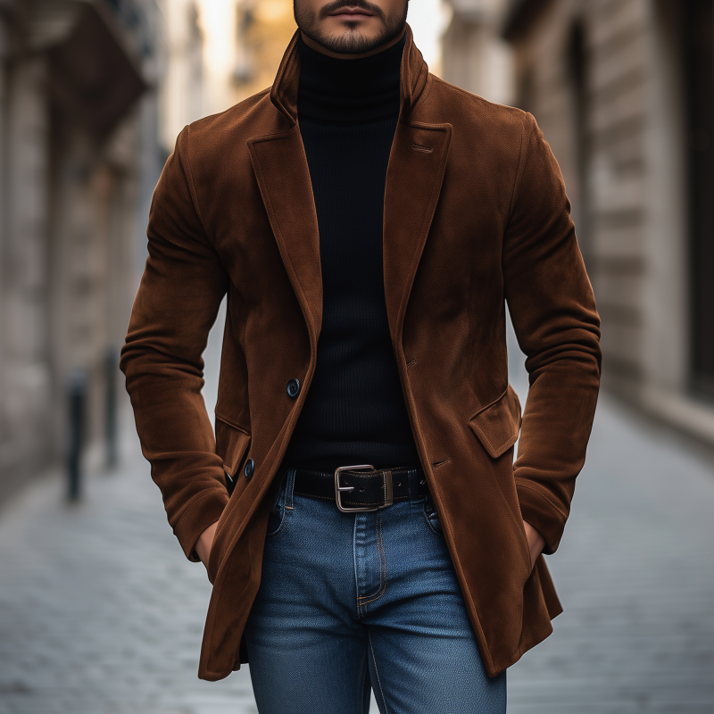 Men's Vintage Solid Color Faux Suede Notch Lapel Single-Breasted Loose Coat MTA1440H0M