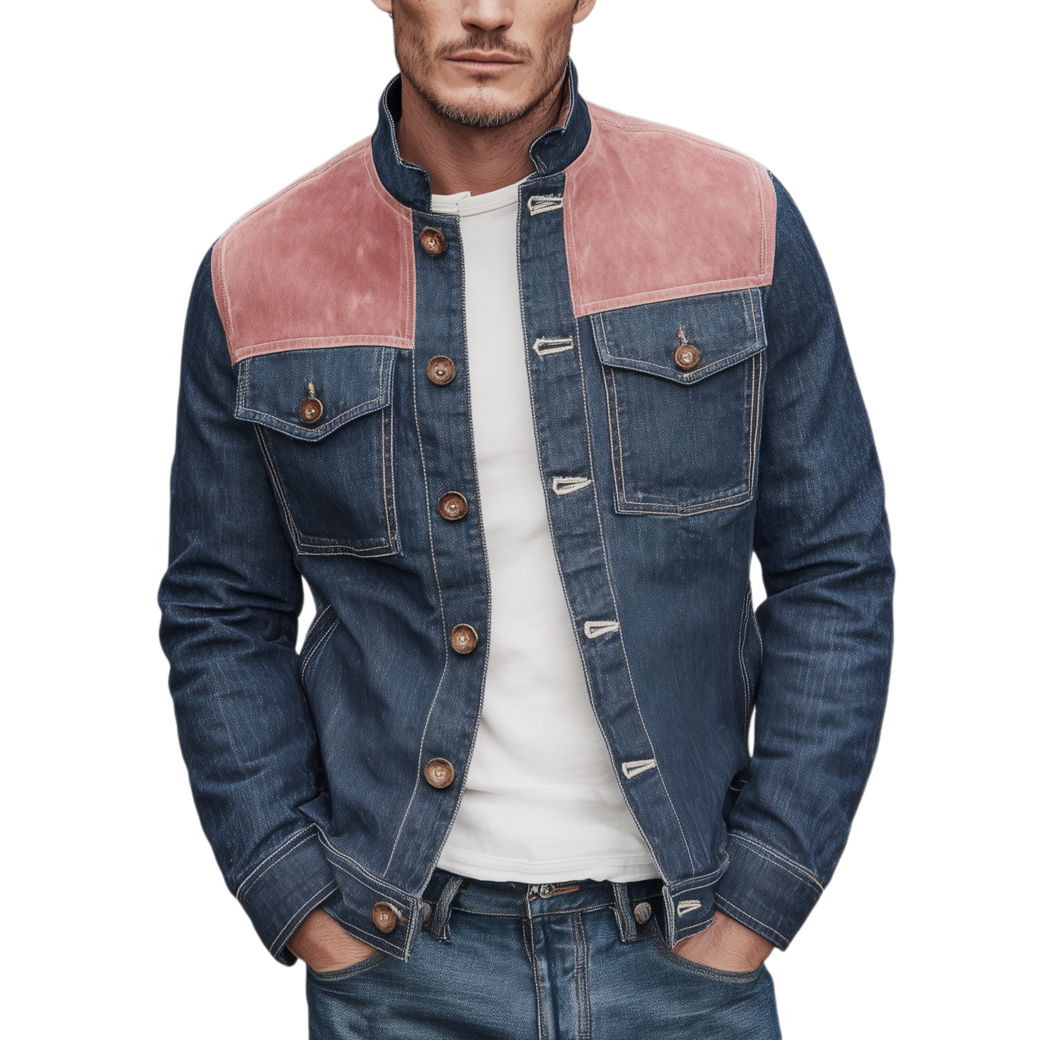 Men's Classic Casual Denim And Pink Suede Stand-up Collar Jacket MTA2657H7K