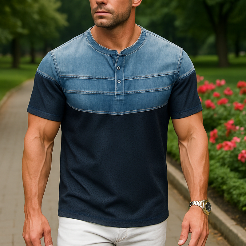 Men's Summer Fashion Denim Sports Fabric Patchwork Short Sleeve Henley Shirt MTA0567F9P