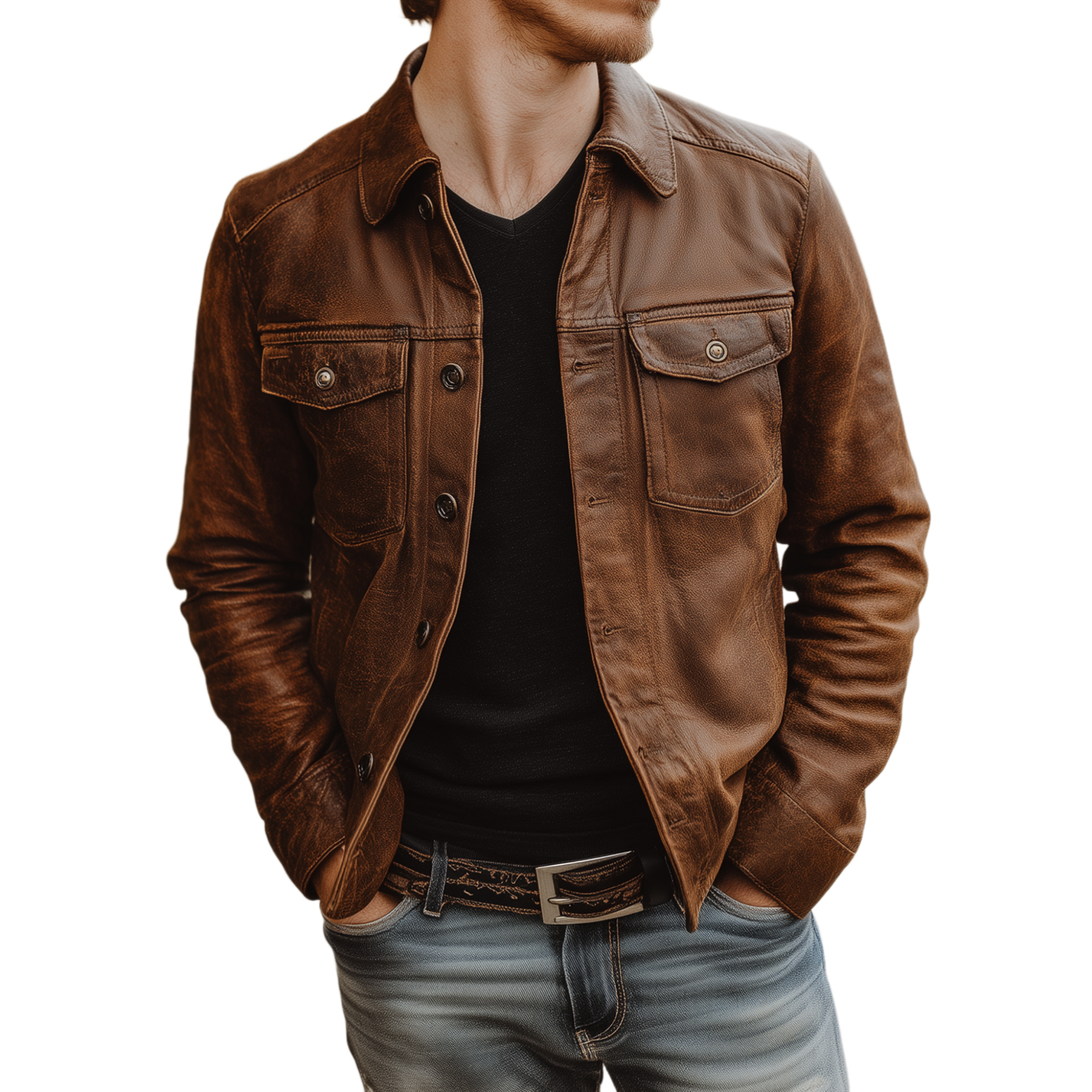 Men's Vintage Faux Leather Lapel Single Breasted Chest Pocket Slim Fit Jacket MTA2909G0M