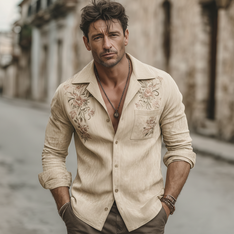 Men's Retro Faux Suede Floral Embroidered Long-Sleeved Shirt MTZ2250A9U