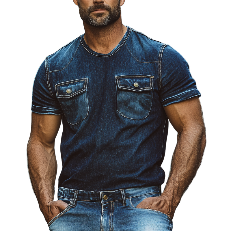 Herre sommer retro rund hals denim kortermet t-skjorte med doble lommer MTA2401F4U