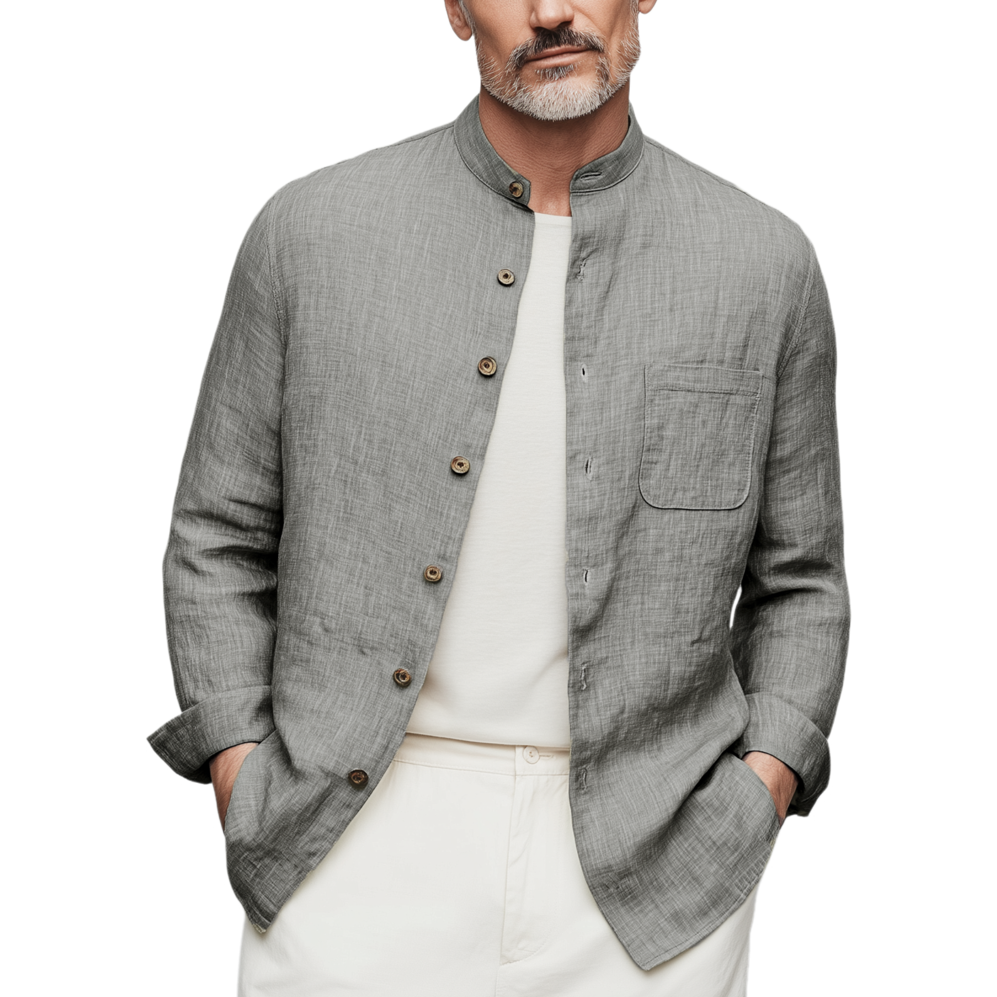 Men's Classic Casual Stand-up Collar Cotton And Linen Wooden Button Long-sleeved Shirt MTA2536G6K