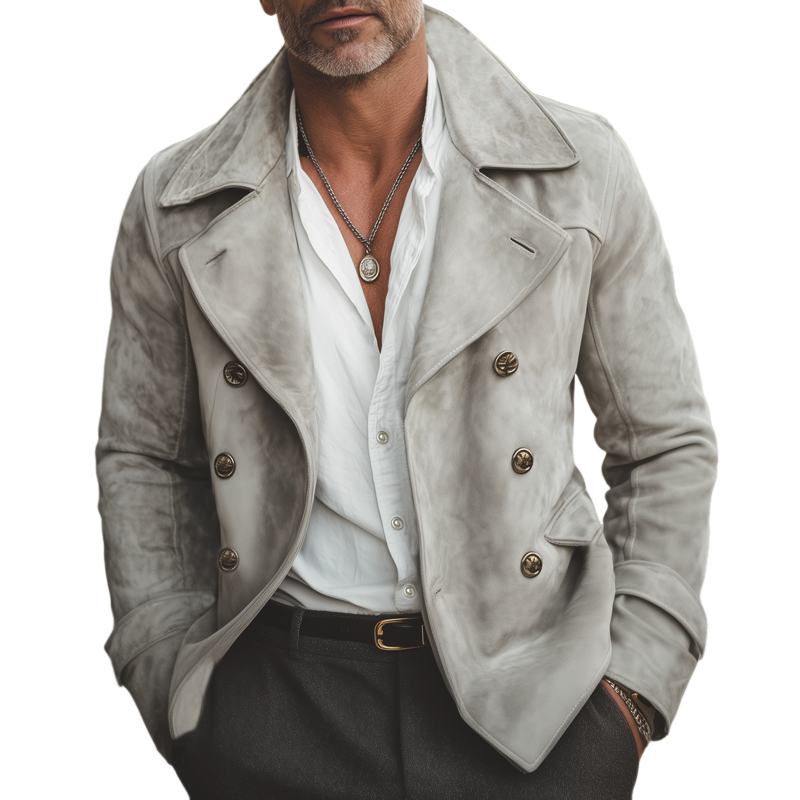 Men's Vintage Elephant Grey Notched Lapel Double Breasted Suede Jacket MTA1697H3U