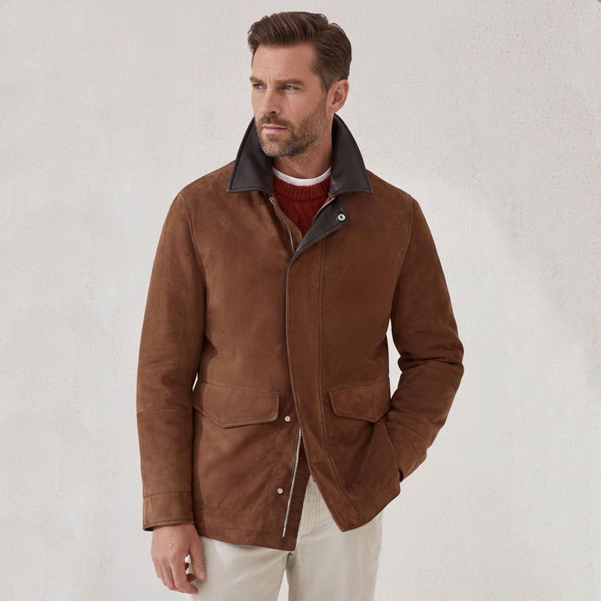 Men's Classic Retro Collar PU Leather Zipper Faux Suede Jacket MTA2262J5K