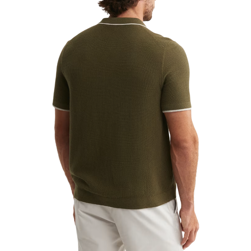 Men's Casual Contrast Knit Lapel Single Breasted Slim Fit Short Sleeve Shirt Sweater MTA0658E7M