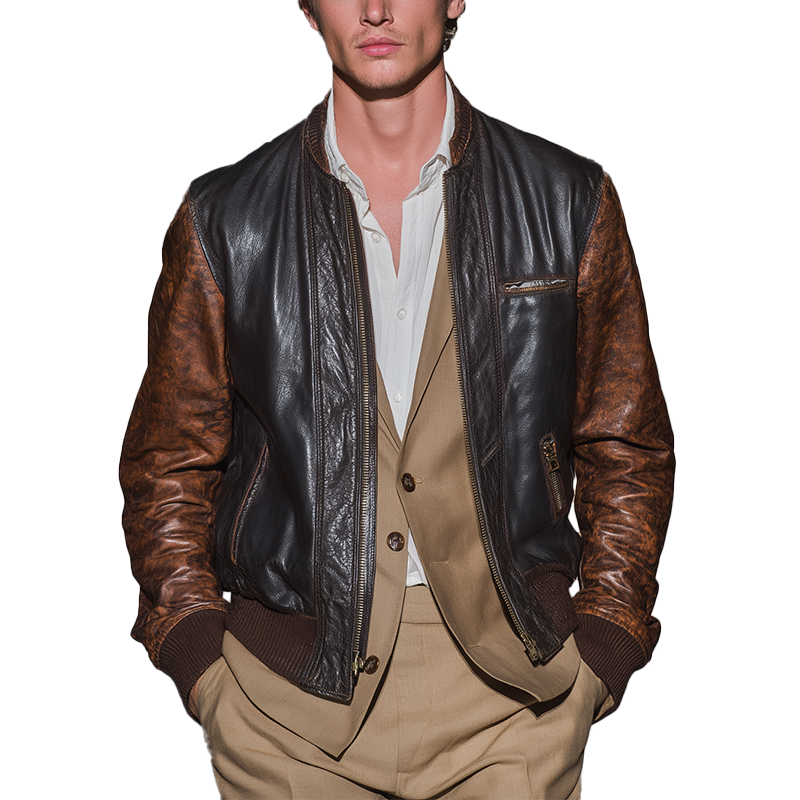 Men's Winter Fashion Contrast Color Stitching PU Leather Jacket MTA1418J2P