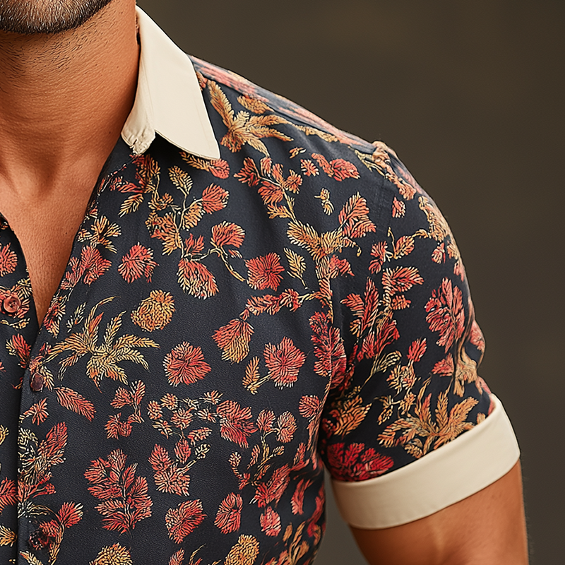 Men's Summer Fashion Printed Cotton Blended Short Sleeve Shirt MTA2514G7P